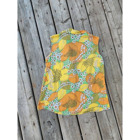 Vintage 1970s Floral Linen Button Up Sleeveless Tank Womens L/XL - Picture 5 of 6